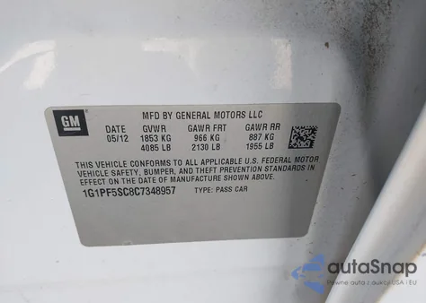 2012 Chevrolet Cruze 1Lt z USA, uszkodzony, nr VIN 1G1PF5SC8C7348957